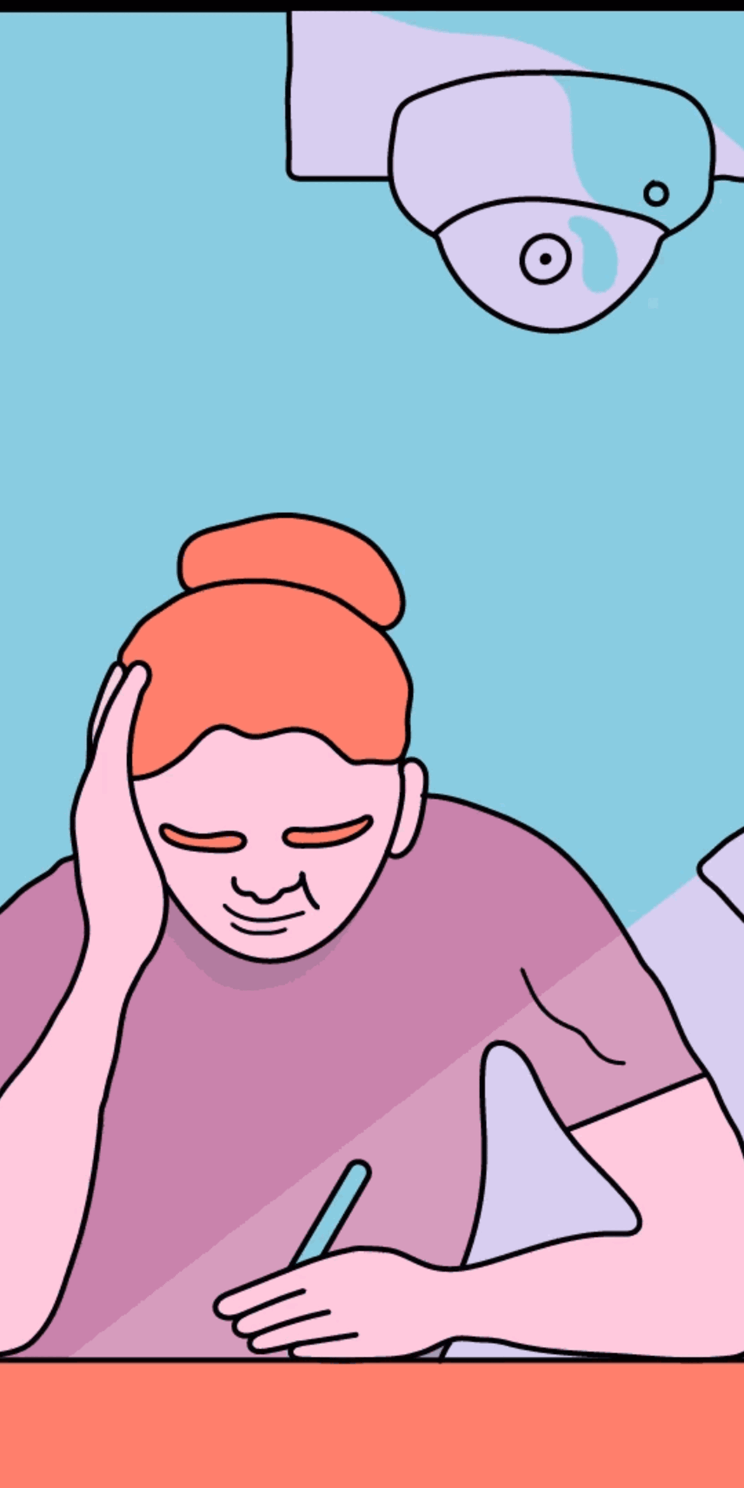 Een illustratie van een zorgmedewerker die nachtelijk administatiewerk aan het doen is onder cameratoezicht