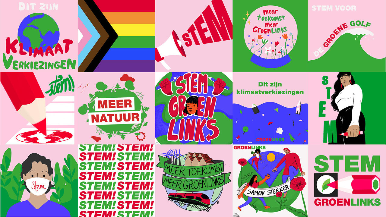 Een verzameling van illustraties die over het klimaat, over stemmen en over GroenLinks gaan.